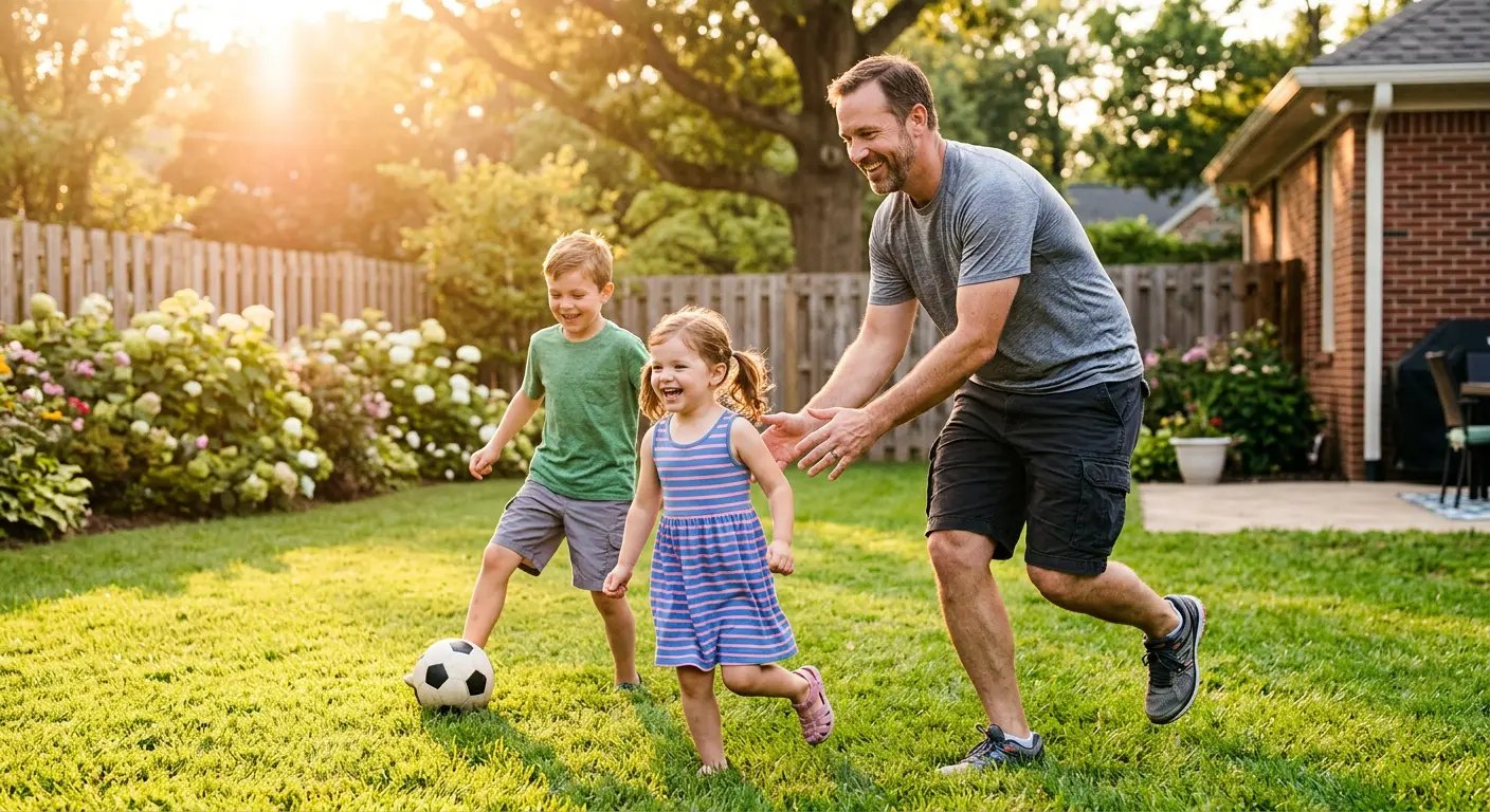 Father playing actively with children, pain-free