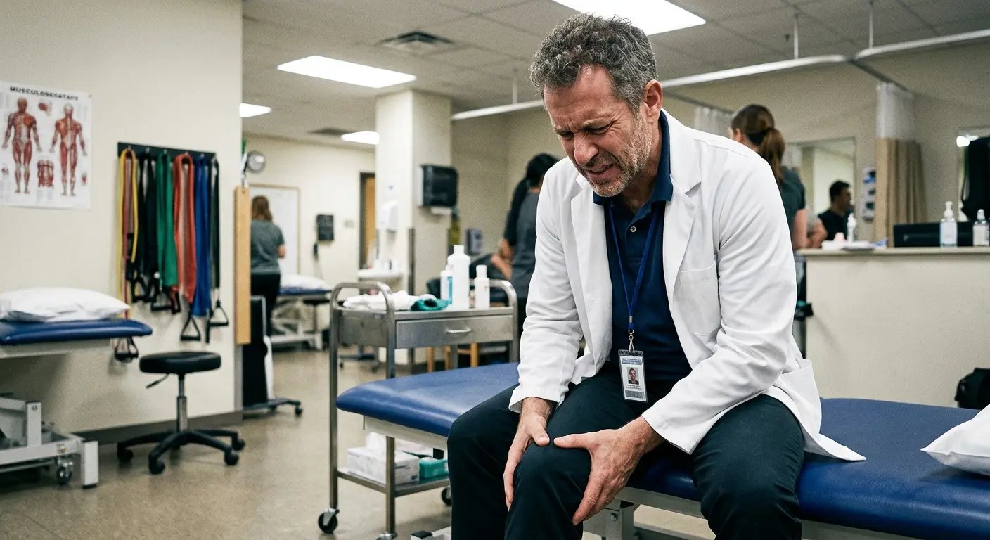 Physical therapist experiencing knee pain in clinic