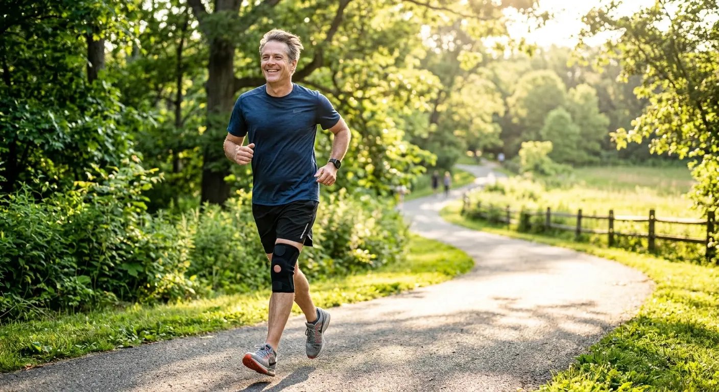 Man jogging pain-free with knee support